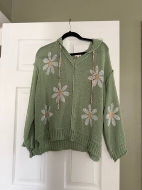 POL Sage Green Knit Hoodie with Pale Pink Label